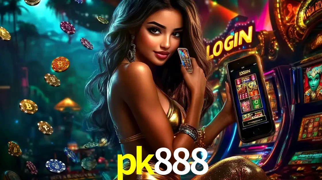 Mulher em um cenário de cassino temático de aventura, mostrando o app de caça-níqueis da pk888 no celular. Fichas de apostas flutuam ao redor.