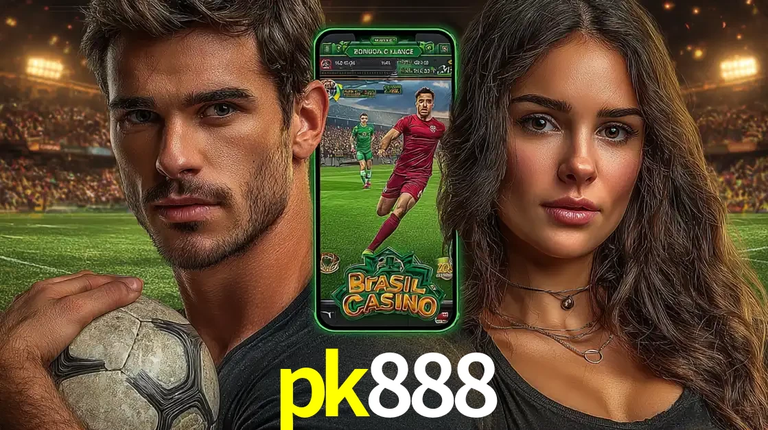 Homem segurando uma bola de futebol e uma mulher ao lado de um smartphone exibindo o jogo de apostas esportivas da pk888. Faça seu palpite no cassino online.